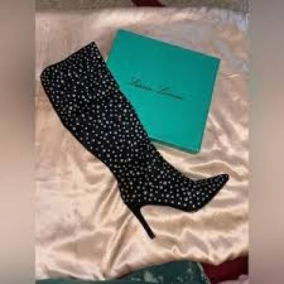 NIB- Lauren Lorraine Haddie Studded Black Stiletto Heel Boots - Picture 3 of 4